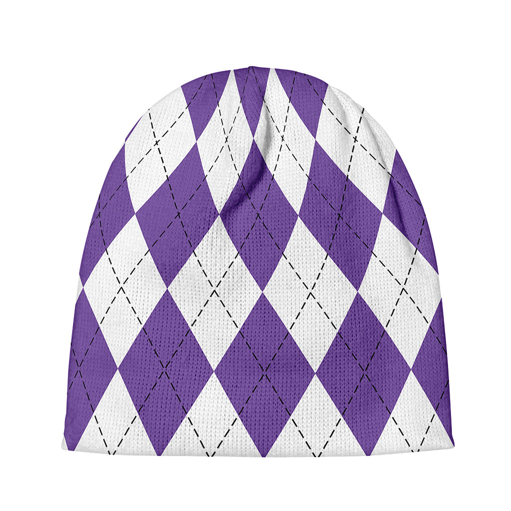 White And Purple Argyle Pattern Print Beanie