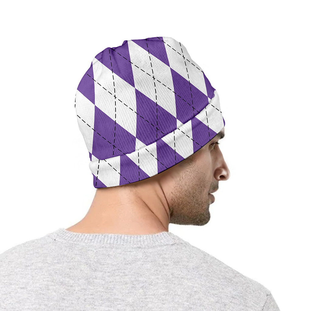 White And Purple Argyle Pattern Print Beanie