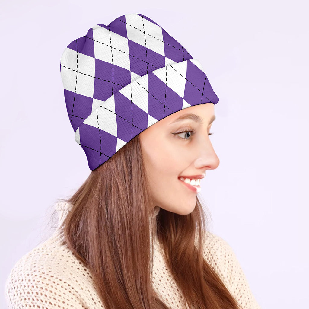 White And Purple Argyle Pattern Print Beanie