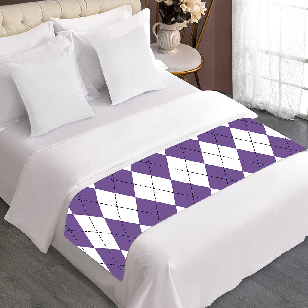 White And Purple Argyle Pattern Print Bed Runner