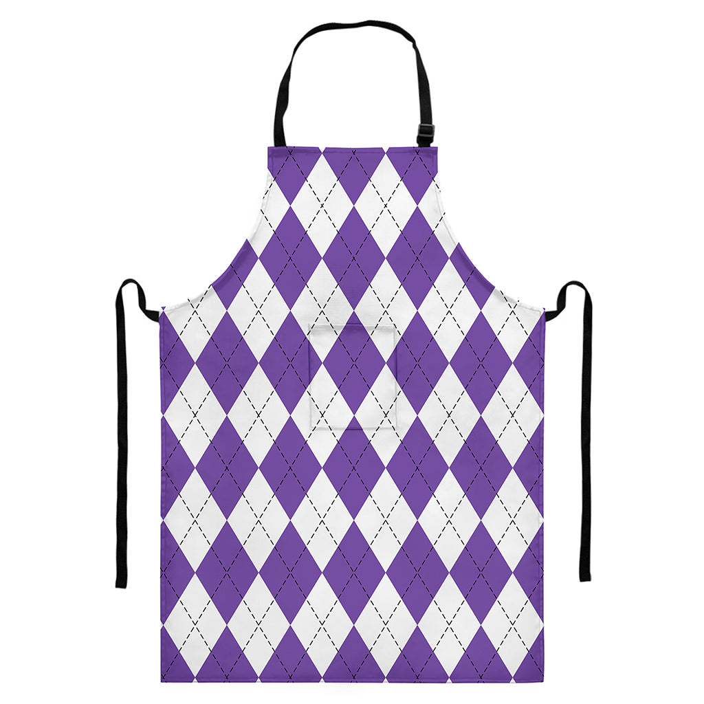 White And Purple Argyle Pattern Print Bib Apron With Pocket