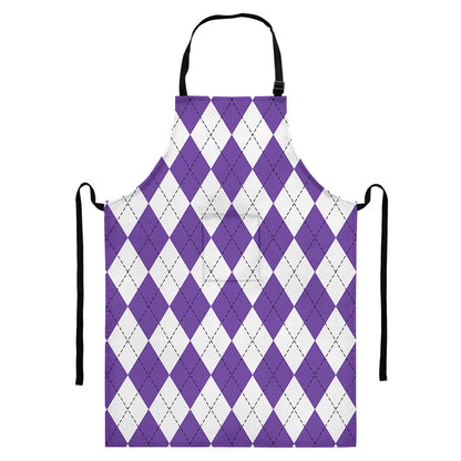 White And Purple Argyle Pattern Print Bib Apron With Pocket