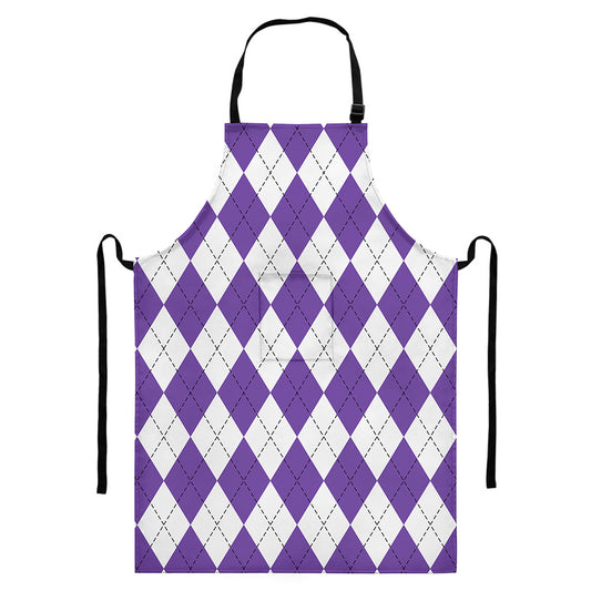 White And Purple Argyle Pattern Print Bib Apron With Pocket