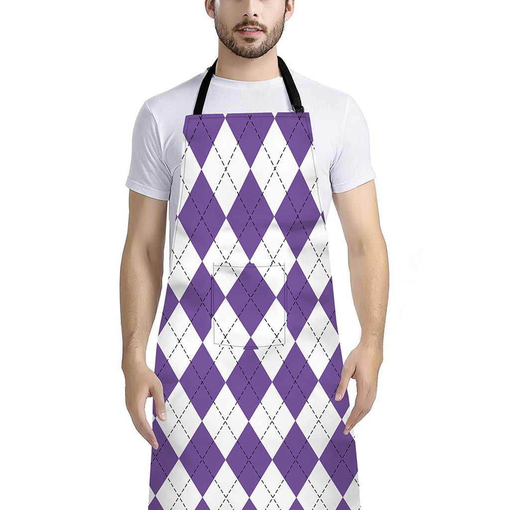 White And Purple Argyle Pattern Print Bib Apron With Pocket