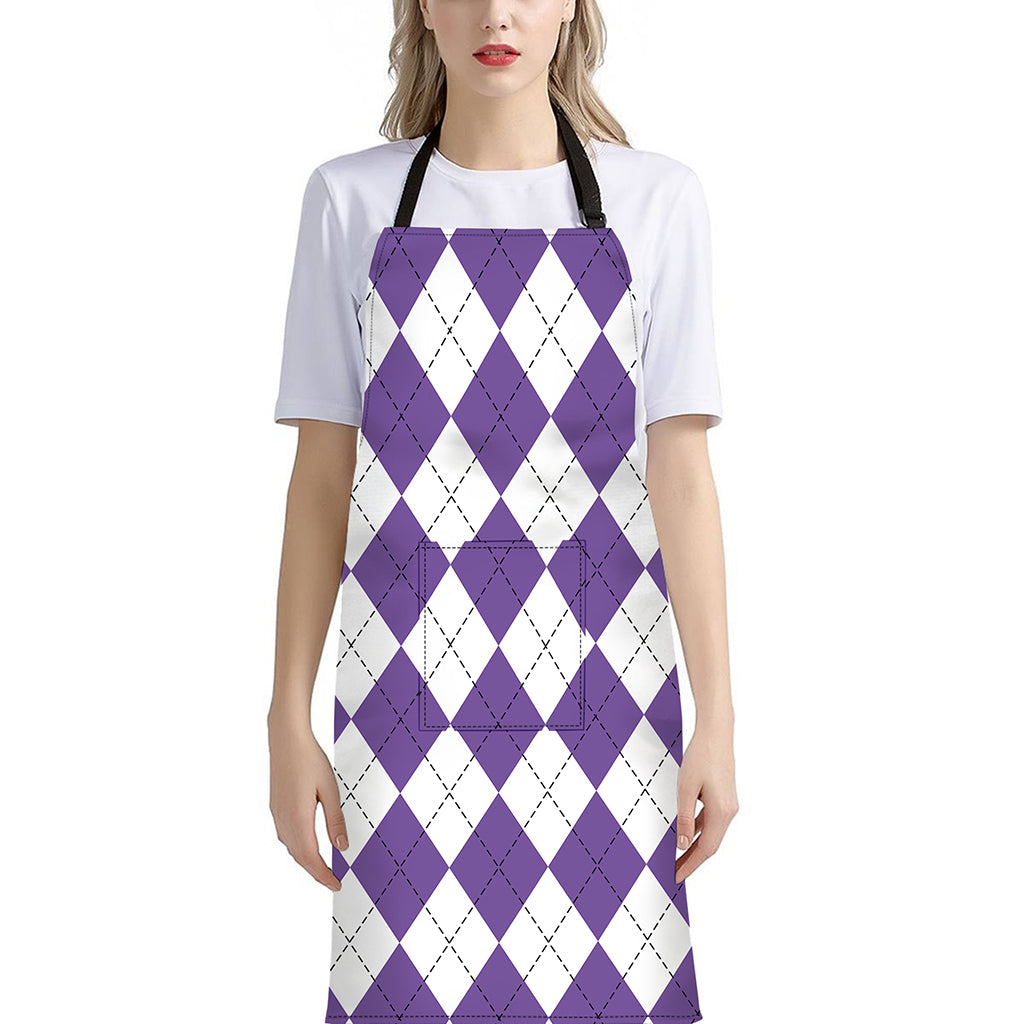 White And Purple Argyle Pattern Print Bib Apron With Pocket
