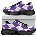 White And Purple Argyle Pattern Print Black Chunky Shoes