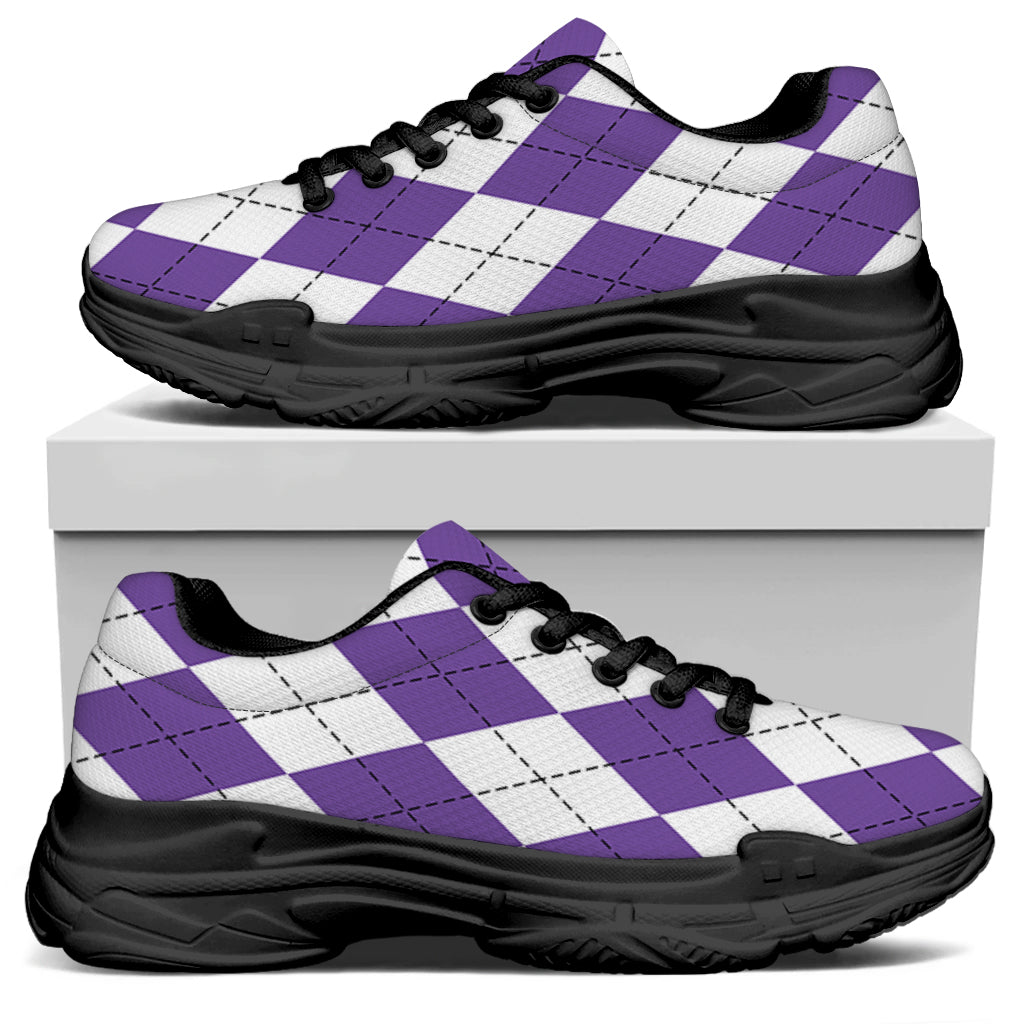 White And Purple Argyle Pattern Print Black Chunky Shoes