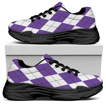 White And Purple Argyle Pattern Print Black Chunky Shoes