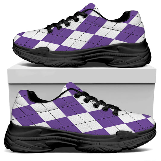 White And Purple Argyle Pattern Print Black Chunky Shoes