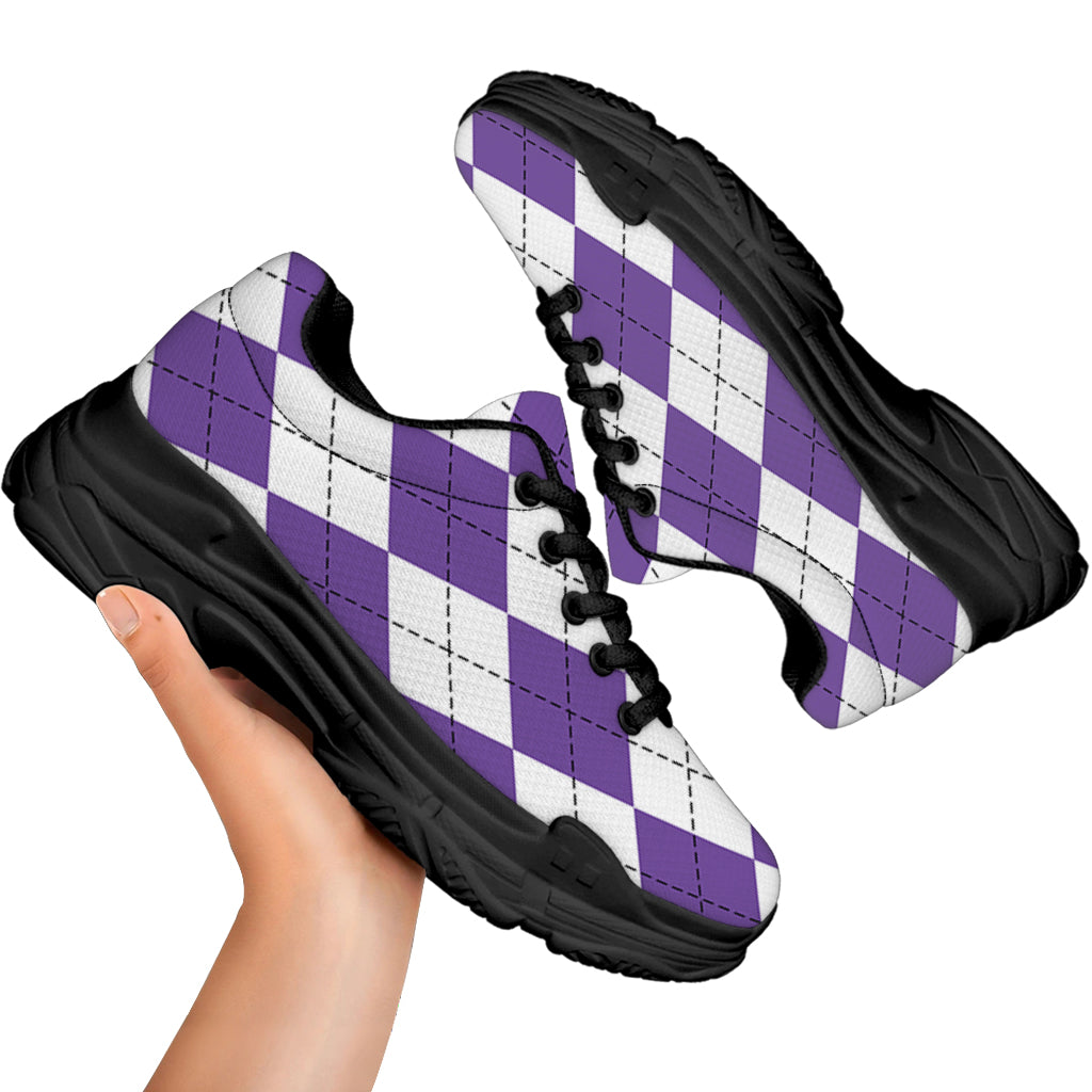 White And Purple Argyle Pattern Print Black Chunky Shoes
