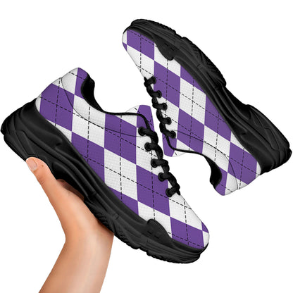 White And Purple Argyle Pattern Print Black Chunky Shoes