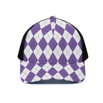 White And Purple Argyle Pattern Print Black Mesh Trucker Cap