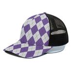 White And Purple Argyle Pattern Print Black Mesh Trucker Cap