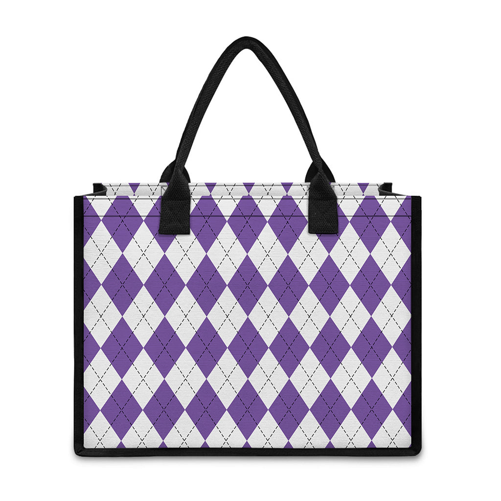 White And Purple Argyle Pattern Print Canvas Tote Bag