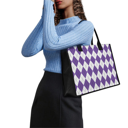 White And Purple Argyle Pattern Print Canvas Tote Bag
