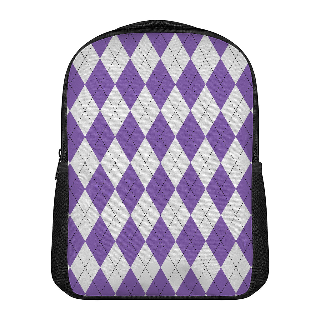White And Purple Argyle Pattern Print Casual Backpack
