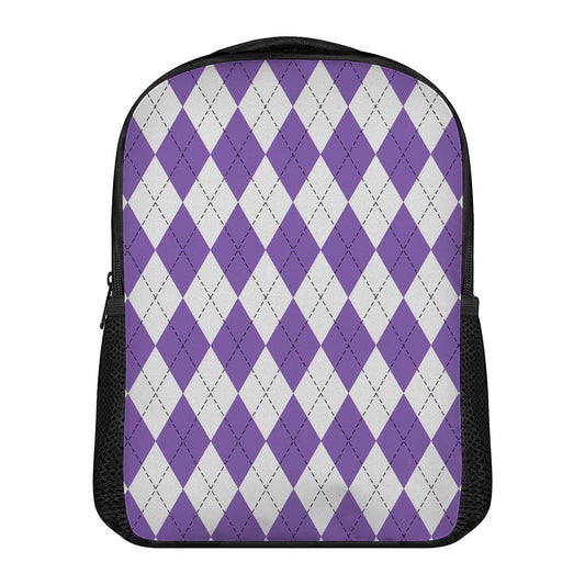 White And Purple Argyle Pattern Print Casual Backpack