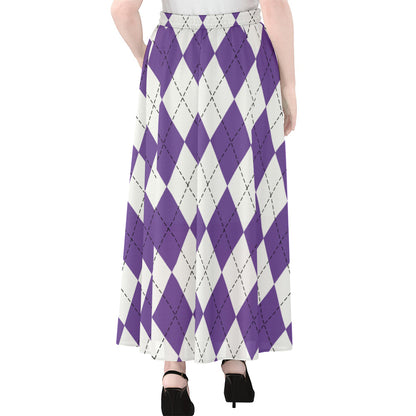 White And Purple Argyle Pattern Print Chiffon Maxi Skirt