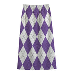White And Purple Argyle Pattern Print Cotton Front Slit Maxi Skirt
