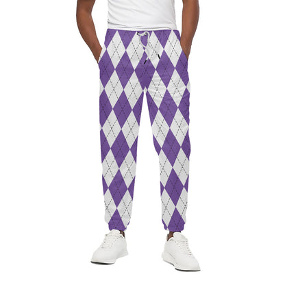White And Purple Argyle Pattern Print Cotton Pants