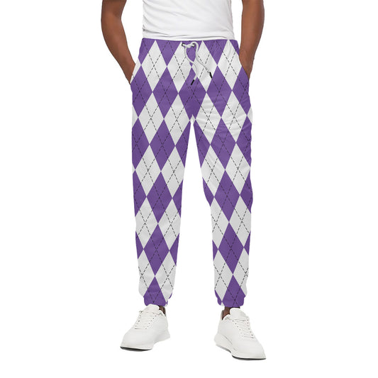 White And Purple Argyle Pattern Print Cotton Pants