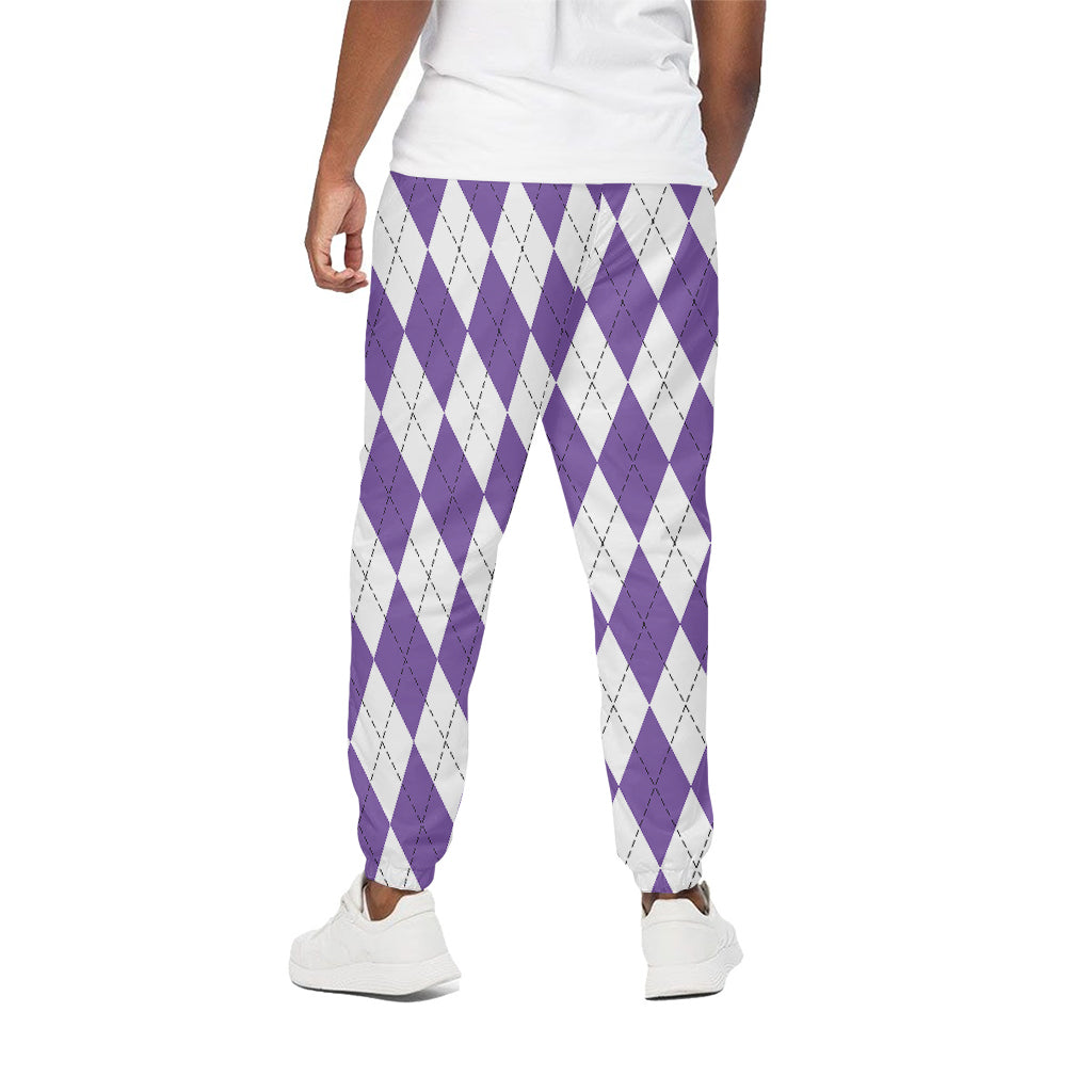 White And Purple Argyle Pattern Print Cotton Pants