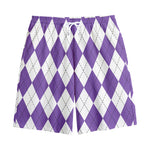 White And Purple Argyle Pattern Print Cotton Shorts