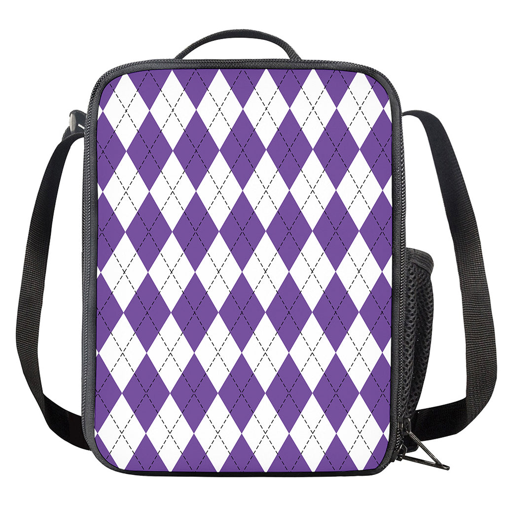 White And Purple Argyle Pattern Print Crossbody Lunch Bag