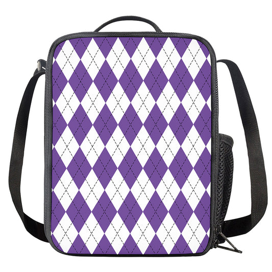 White And Purple Argyle Pattern Print Crossbody Lunch Bag