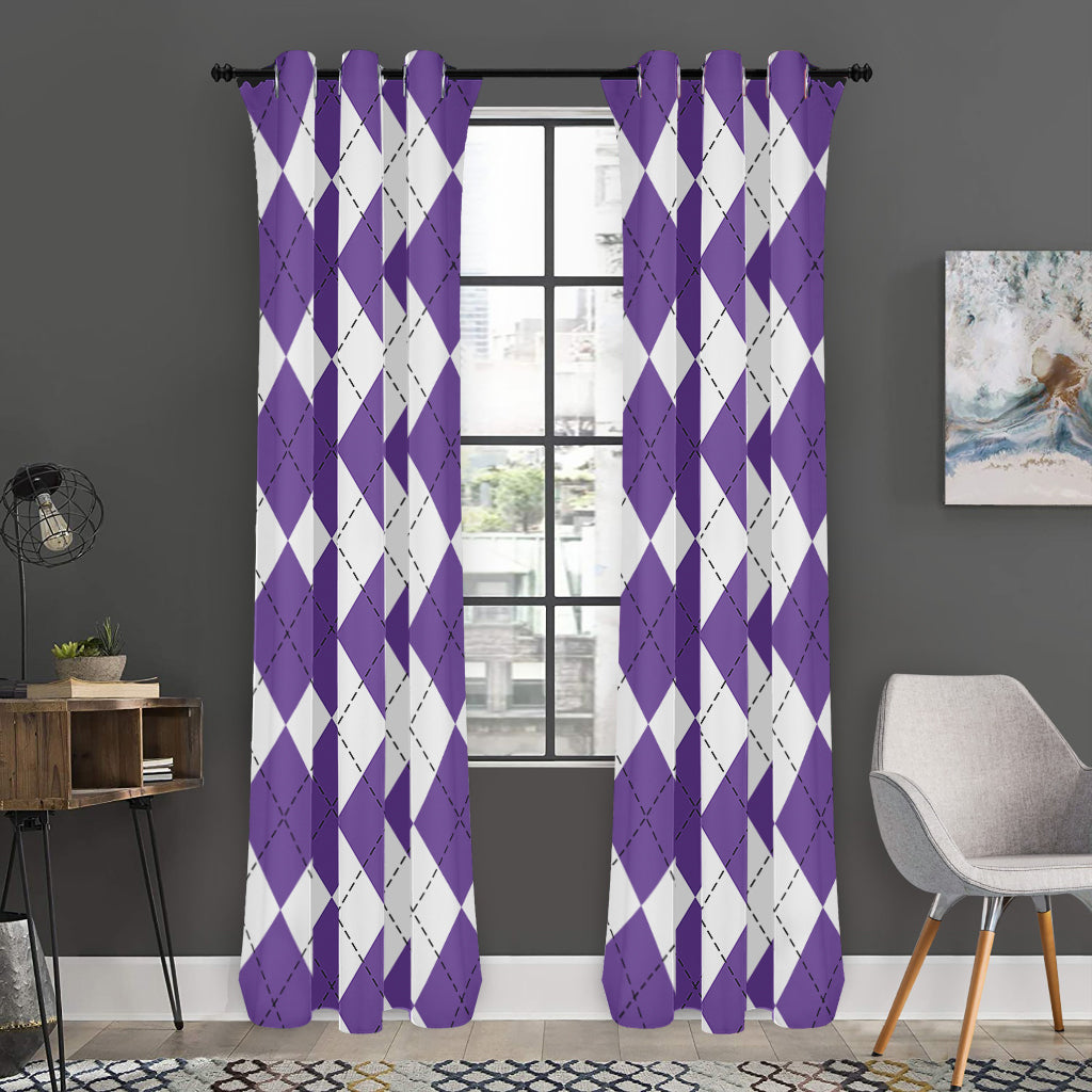 White And Purple Argyle Pattern Print Curtain