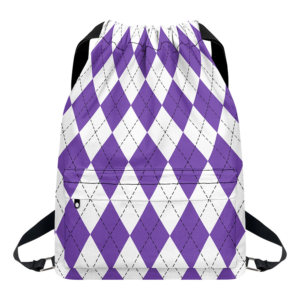 White And Purple Argyle Pattern Print Drawstring Backpack