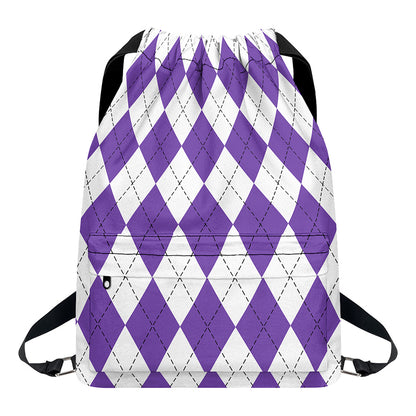 White And Purple Argyle Pattern Print Drawstring Backpack
