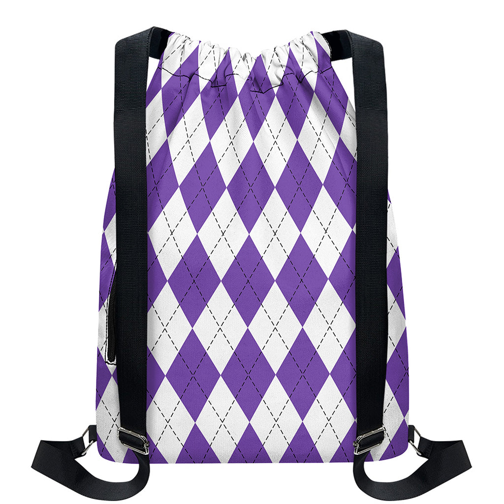 White And Purple Argyle Pattern Print Drawstring Backpack