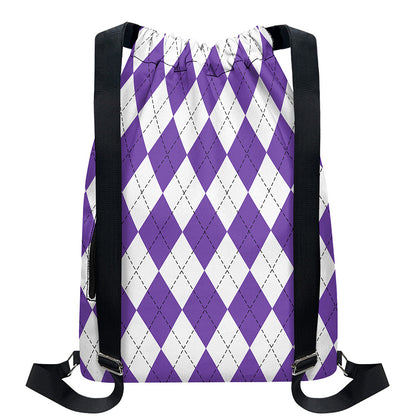 White And Purple Argyle Pattern Print Drawstring Backpack