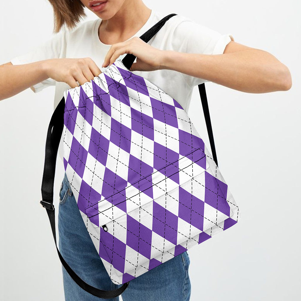 White And Purple Argyle Pattern Print Drawstring Backpack