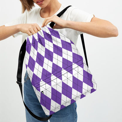 White And Purple Argyle Pattern Print Drawstring Backpack