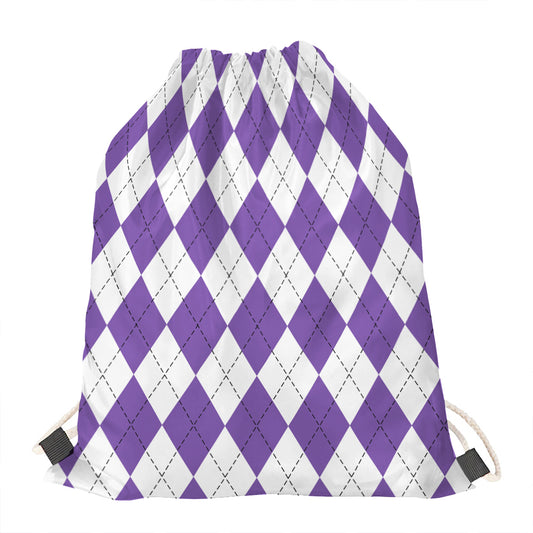 White And Purple Argyle Pattern Print Drawstring Bag