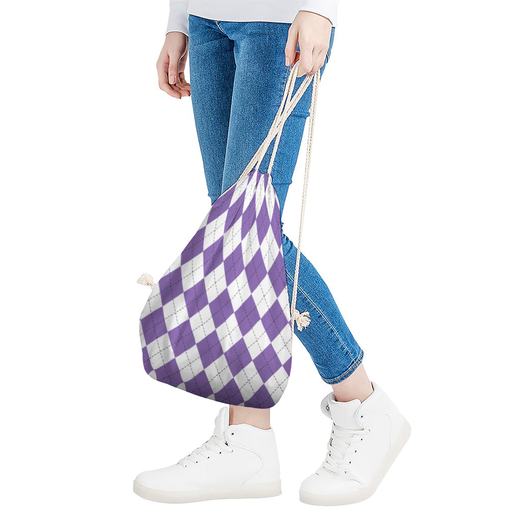 White And Purple Argyle Pattern Print Drawstring Bag