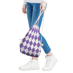 White And Purple Argyle Pattern Print Drawstring Bag