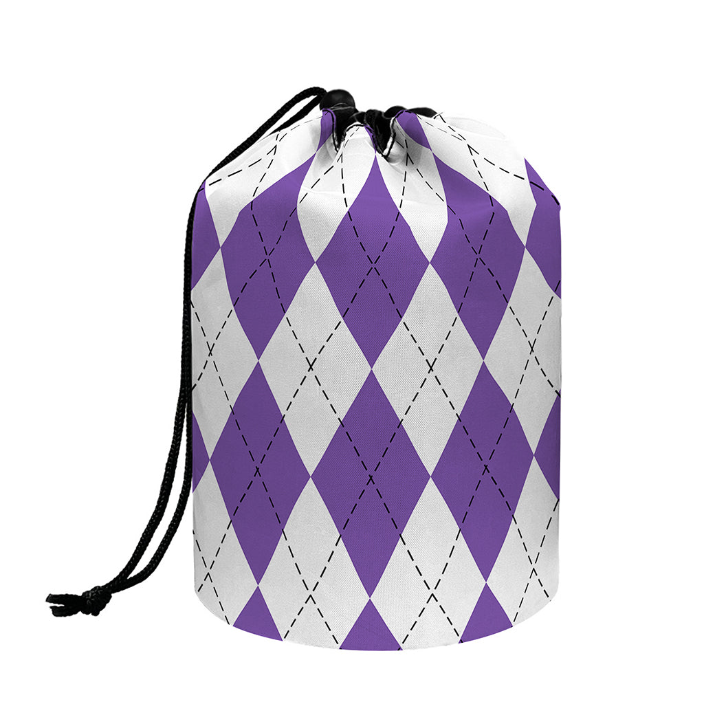 White And Purple Argyle Pattern Print Drawstring Makeup Bag