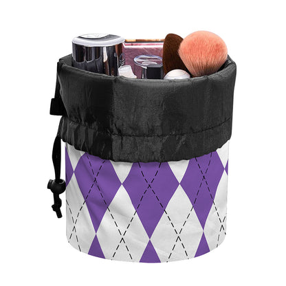 White And Purple Argyle Pattern Print Drawstring Makeup Bag