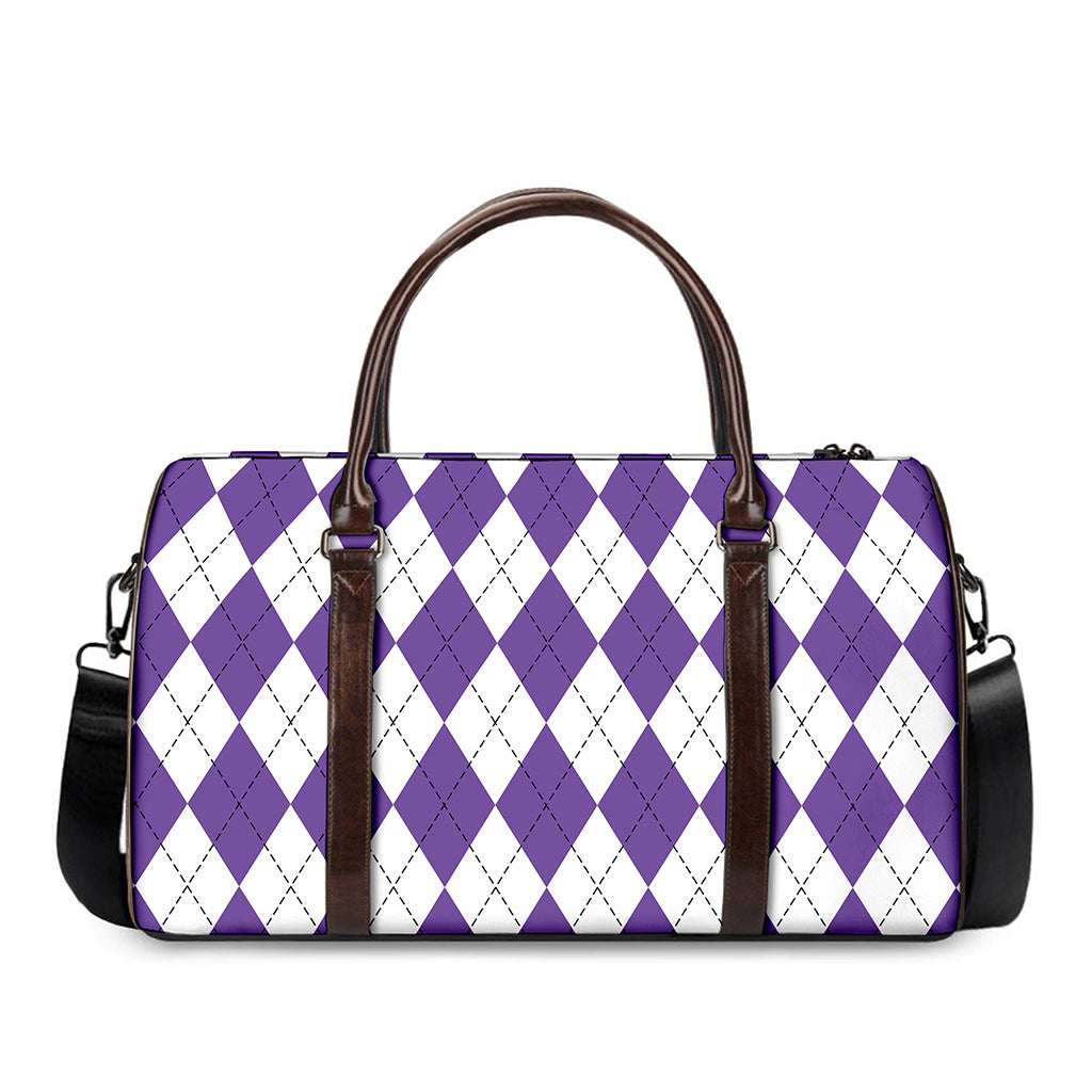 White And Purple Argyle Pattern Print Duffle Bag