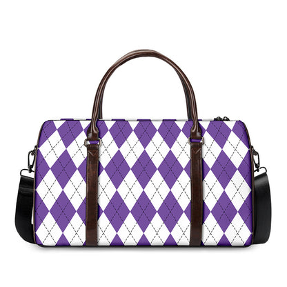 White And Purple Argyle Pattern Print Duffle Bag