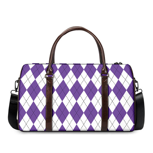 White And Purple Argyle Pattern Print Duffle Bag