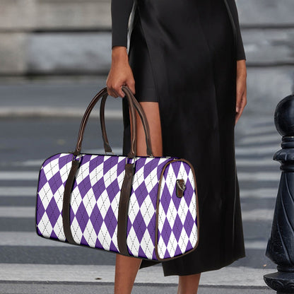 White And Purple Argyle Pattern Print Duffle Bag