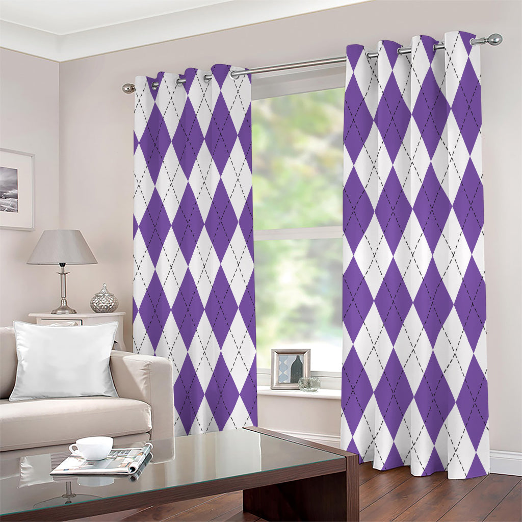 White And Purple Argyle Pattern Print Extra Wide Grommet Curtains