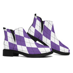 White And Purple Argyle Pattern Print Flat Ankle Boots