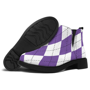 White And Purple Argyle Pattern Print Flat Ankle Boots