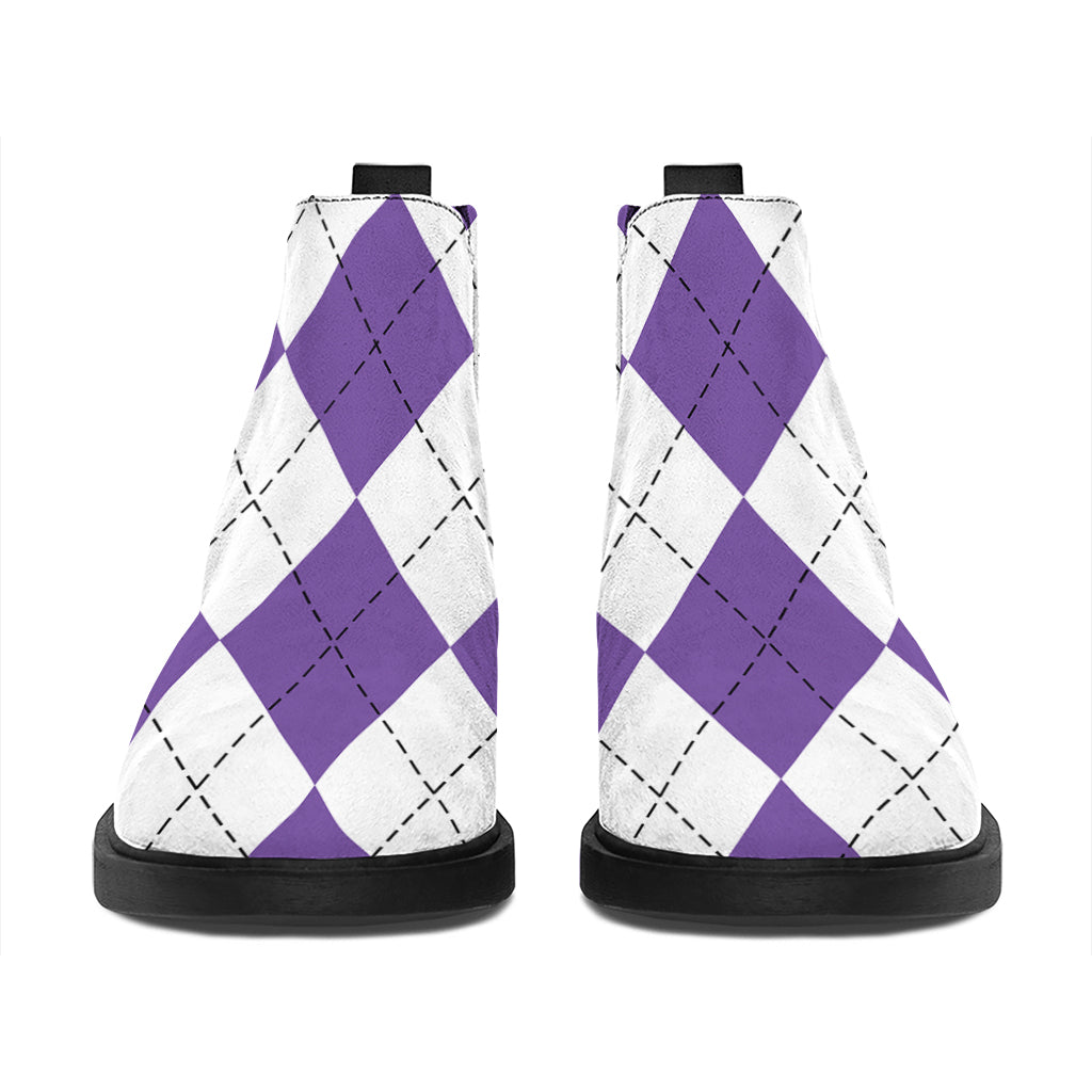 White And Purple Argyle Pattern Print Flat Ankle Boots