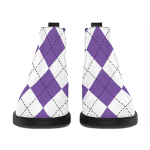 White And Purple Argyle Pattern Print Flat Ankle Boots